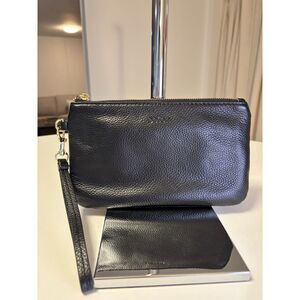 Befen Black Pebbled Leather Wristlet Clutch Card Slots, Gold Hardware